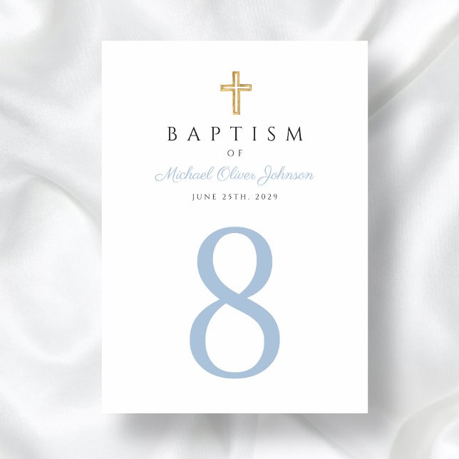 Numéro De Table Bébé Bleu Script Croix Religieuse Garçon Baptême (Religious Cross Baby Blue Boy Baptism Table Number)