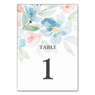 Numéro De Table Belle aquarelle bleu rose et fleurs bleues