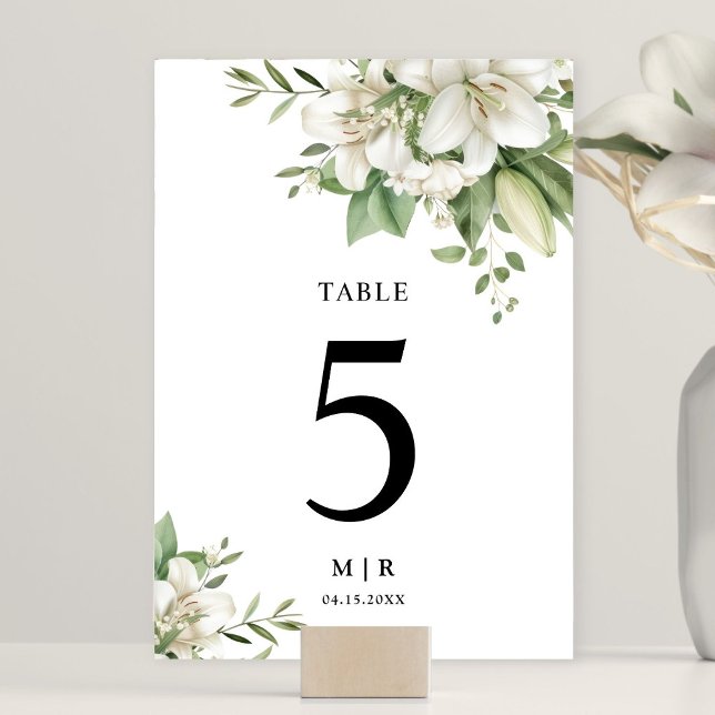 Numéro De Table Blanc Lily Elegant Aquarelle Floral Mariage (Créateur téléchargé)