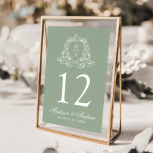 Numéro De Table Blason Floral Élégant Monogramme Vert Sauge Mariag