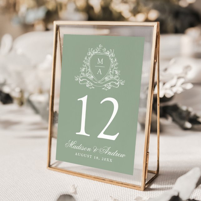 Numéro De Table Blason Floral Élégant Monogramme Vert Sauge Mariag (Créateur téléchargé)