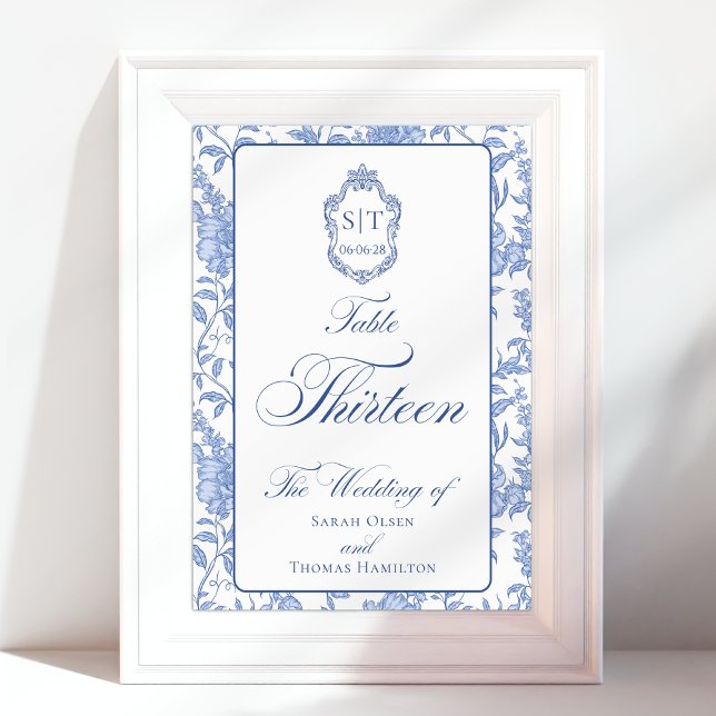Numéro De Table Blason Monogramme Fleurs Bleu Script Treize (Créateur téléchargé)