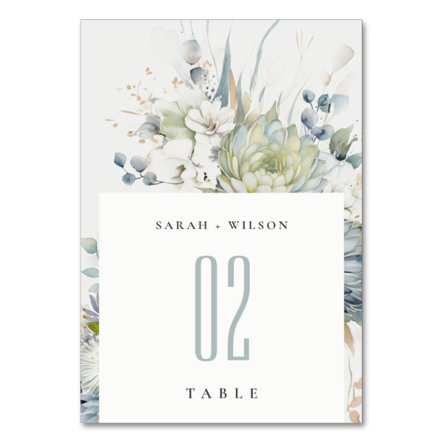 Numéro De Table Bleu doux Vert Succulent Mariage botanique fleuri (Par défaut)