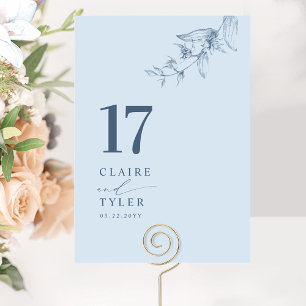 Numéro De Table Bleu Poussiéreux Élégant, Mariage Botanique Minima