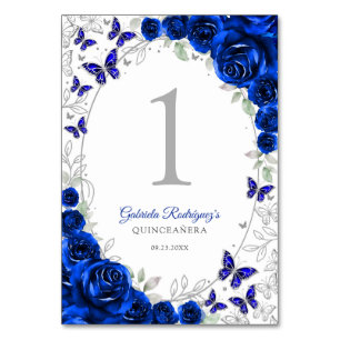 Numéro De Table Bleu Royal Fleurs Argent Quinceanera