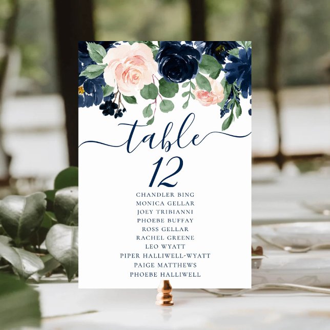 Numéro De Table Blooms Chics | Noms d'invités floraux de la Marine (Créateur téléchargé)