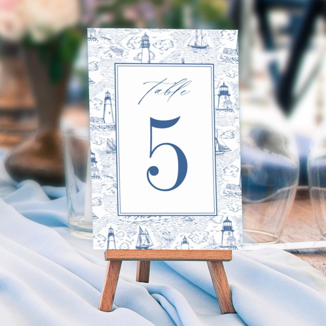 Numéro De Table Blue Coastal Toile Lighthouse Wedding (Créateur téléchargé)