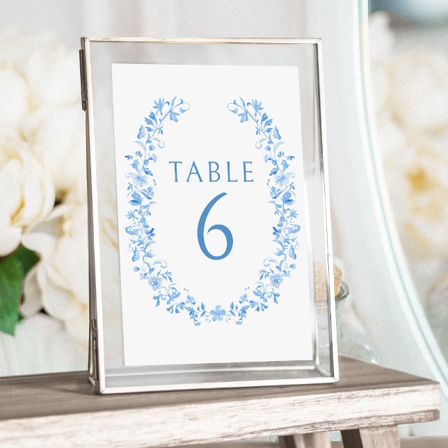 Numéro De Table Blue folk porcelaine fleurie élégant jardin mariag (Créateur téléchargé)