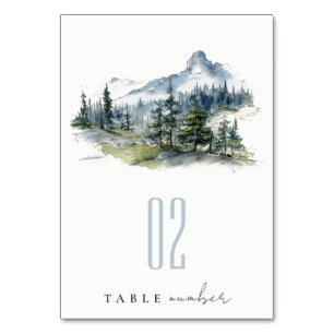 Numéro De Table Blue Green Woods Mountain Paysage Mariage de croqu