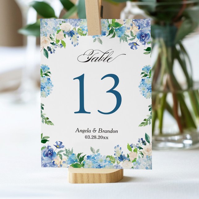Numéro De Table Blue Hydrangea Floral Mariage Numéro de tableau (Créateur téléchargé)
