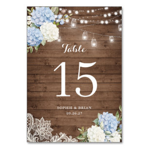 Numéro De Table Blue Hydrangea Rustique dentelle en bois Lumières