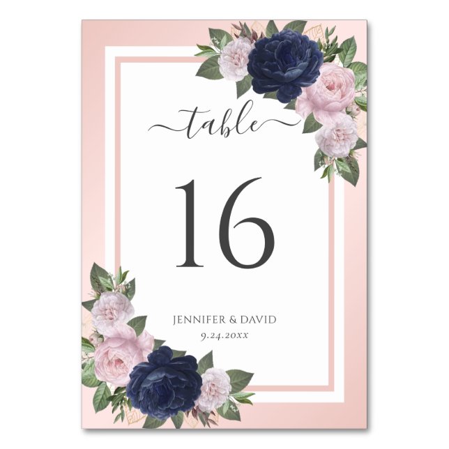 Numéro De Table Blush Navy Blue Floral Mariage Numéro de tableau (Par défaut)