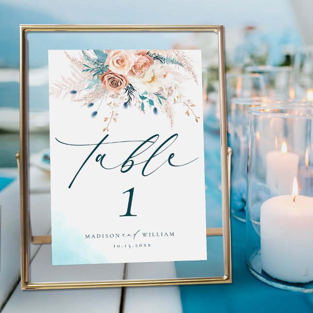Numéro De Table Boho Blue Beach Floral Mariage Numéro de tableau (Créateur téléchargé)