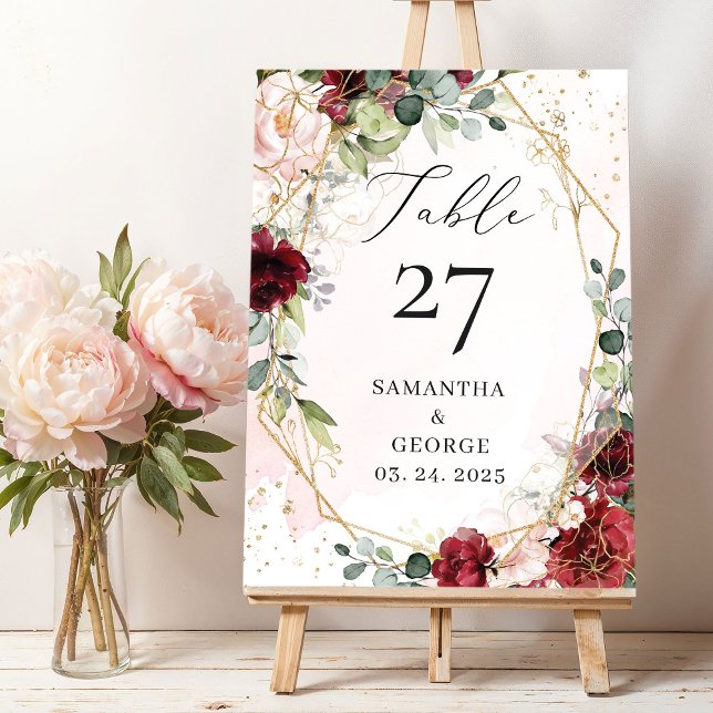 Numéro De Table Boho bordeaux or floral géométrique eucalyptus (Boho blush burgundy eucalyptus gold geometric wedding table number )