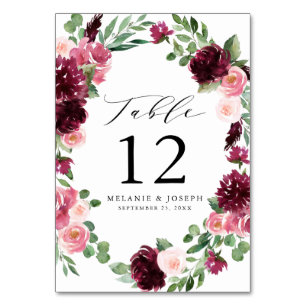 Numéro De Table Boho Burgundy & Blush Watercolor Mariage Floral