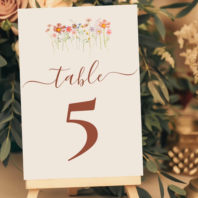 Numéro De Table Boho Fall Wildflower Tan Beige Terracotta Wedding (Boho Wildflower floral tan beige terracotta rust Wedding table number card Watercolor florals)