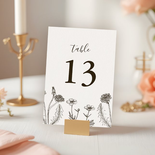 Numéro De Table Boho Fleur sauvage Line Art White Texture Mariage (Créateur téléchargé)