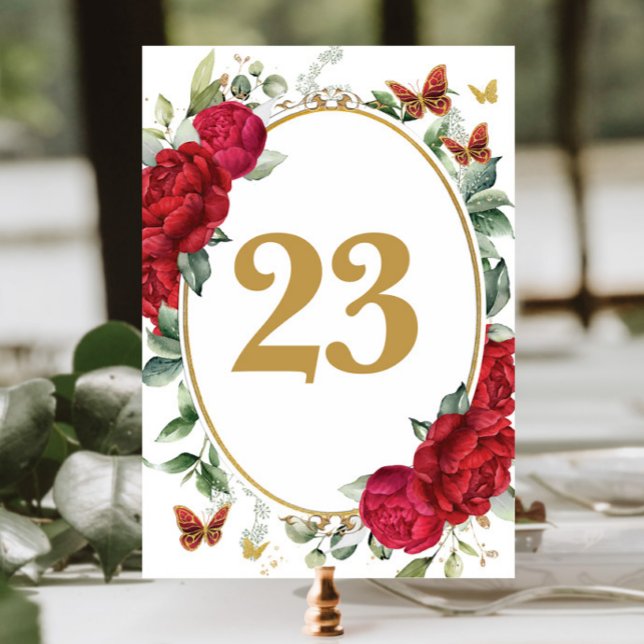 Numéro De Table Boho Red Peonies Floral Gold Butterflies Anniversa (Créateur téléchargé)