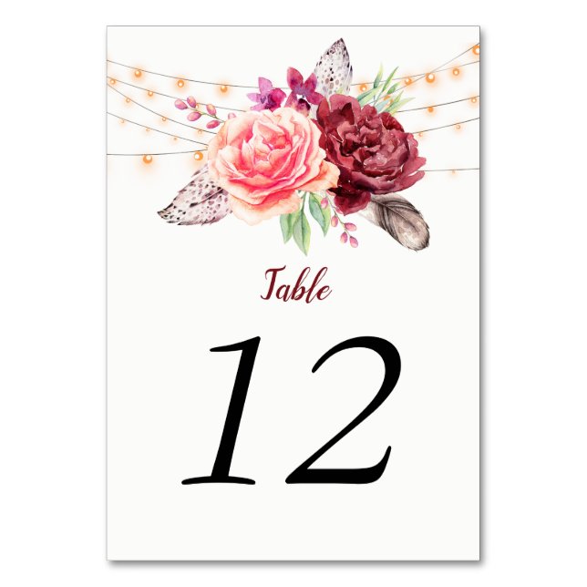 Numéro De Table Boho Roses Plumes Chaîne Lumière Tableau Numéro Ca (Par défaut)