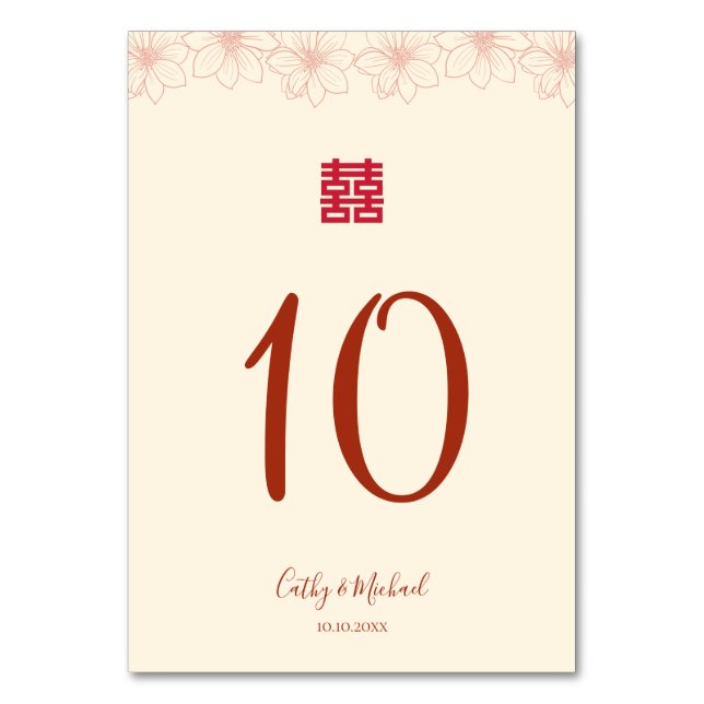Numéro De Table Boho rouge beige floral chinois mariage double xi (Par défaut)