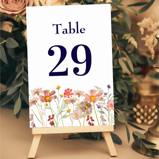 Numéro De Table Boho Rustic Fleur sauvage Floral Navy Blue Mariage (Boho fall wildflower meadow floral navy blue and white wedding table number card Elegant modern )