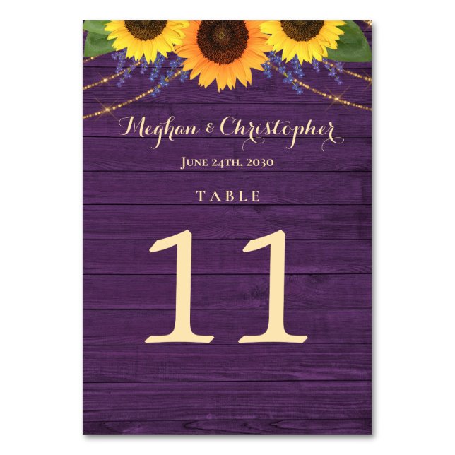 Numéro De Table Bois violet rustique Lumières Mariage de tournesol (Par défaut)