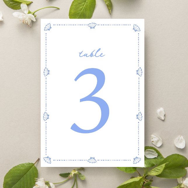 Numéro De Table Bordure Coastal Chic Shell Elegant Mariage Bleu (Refined coastal table numbers with a delicate seashell border—perfect for a chic seaside wedding.)