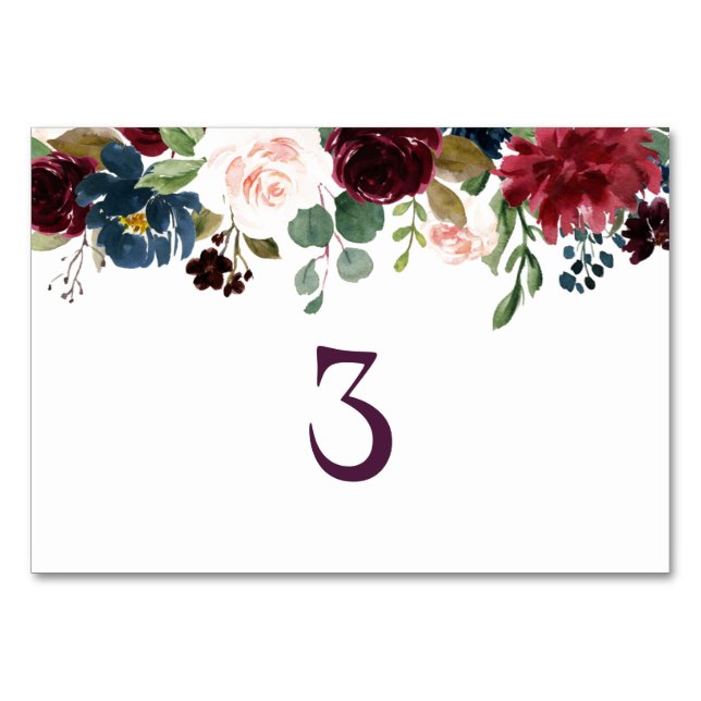 Numéro De Table Bourgogne et bleu Mariage anglais Fleurs (Devant)