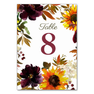 Numéro De Table Bourgogne & Gold Sunflower Invitations de mariage