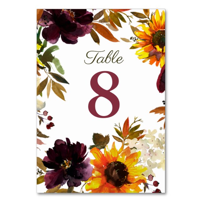 Numéro De Table Bourgogne & Gold Sunflower Invitations de mariage (Par défaut)