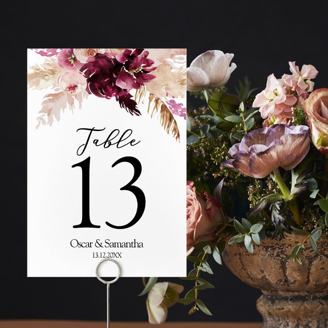 Numéro De Table Bourgogne Moderne Fleurs Roses Tendres  (Créateur téléchargé)