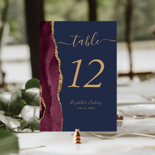 Numéro De Table Bourgogne Rouge Or Agate Bleu Nuit Mariage