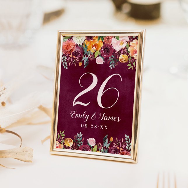 Numéro De Table Bourgogne Rustique Automne Floral Mariage Monogram (Créateur téléchargé)