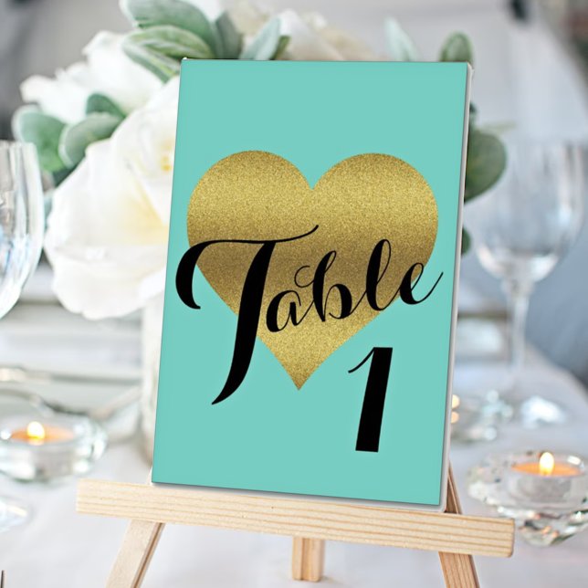 Numéro De Table Bride & Co Gold Heart Turquoise Blue ShowParty (Créateur téléchargé)