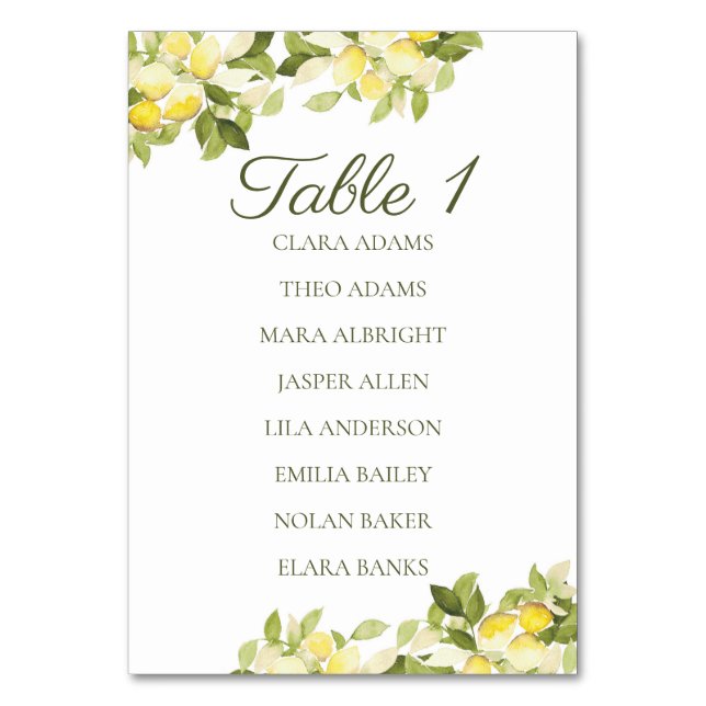 Numéro De Table Bright Lemon Fresh Numeric Seating Chart Card (Par défaut)