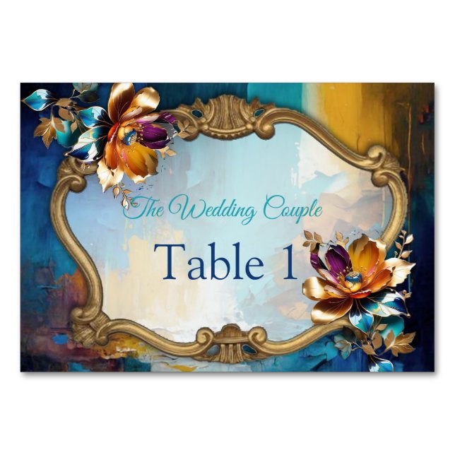 Numéro De Table bronze Abstrait, style baroque bleu or (Devant)