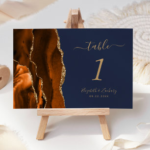 Numéro De Table Brûlé Orange Gold Agate Marine Mariage bleu