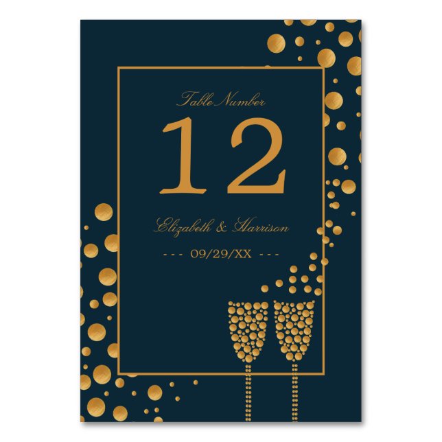 Numéro De Table Bulles de Champagne d'or - Bleu & Or - Mariage (Par défaut)
