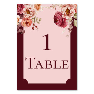 Numéro De Table Burgundy and Blush Pink Floral Table Number Card