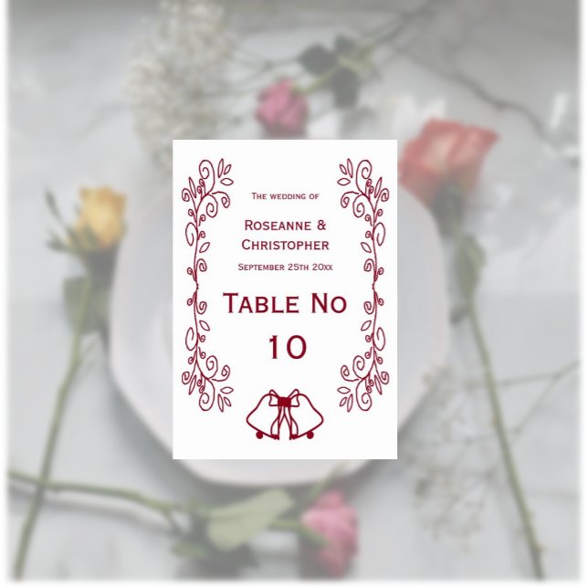 Numéro De Table Burgundy Bells Scrollwork Design Mariage (Burgundy wedding dinner table number card bells and scrollwork design)