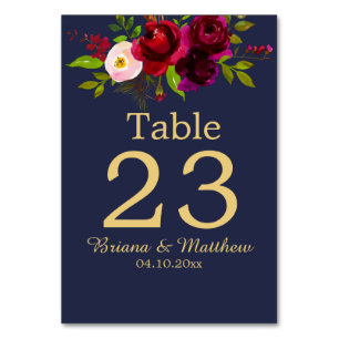 Numéro De Table Burgundy Floral Navy Bleu Élégant Script