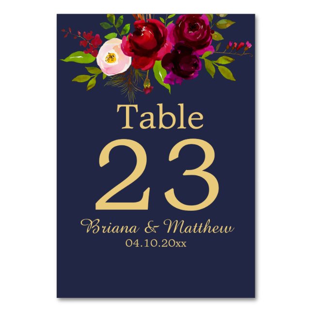 Numéro De Table Burgundy Floral Navy Bleu Élégant Script (Par défaut)