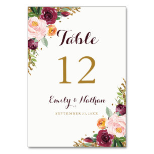 Numéro De Table Burgundy Gold Floral Parties scintillant Tableau N