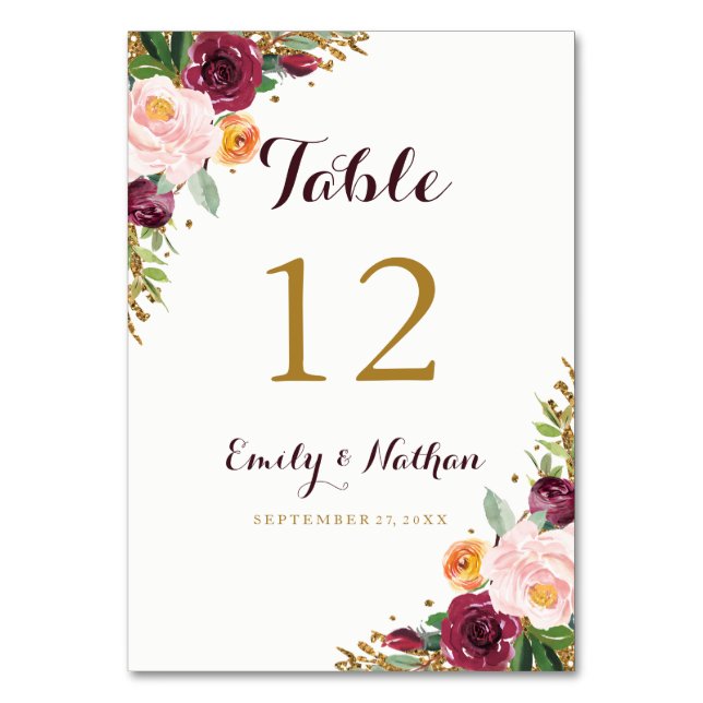 Numéro De Table Burgundy Gold Floral Parties scintillant Tableau N (Par défaut)