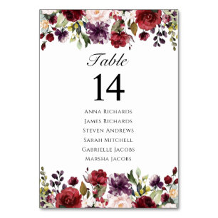 Numéro De Table Burgundy Marsala Floral Mariage Réception Siège
