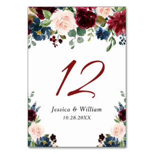 Numéro De Table Burgundy Navy Bleu Blush Floral Aquarelle Rustique
