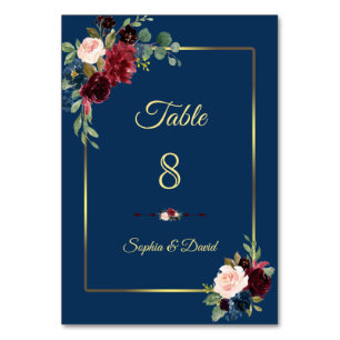 Numéro De Table Burgundy Navy Blue Floral Mariage or