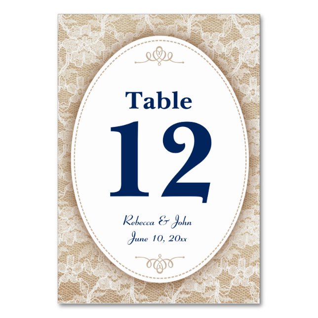 Numéro De Table Burlap et dentelle avec numéro bleu marine (Par défaut)