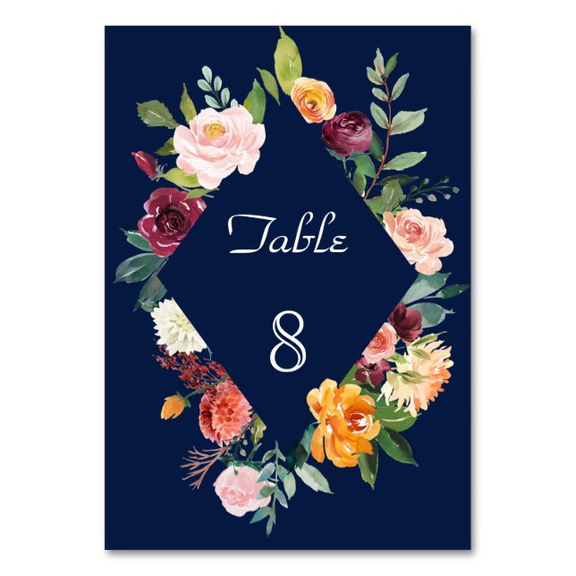 Numéro De Table Cadre floral bordeaux rose mariage bleu foncé (Par défaut)