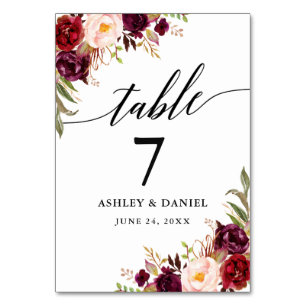 Numéro De Table Calligraphie Bourgogne Floral Mariage